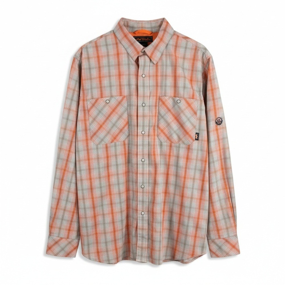 Walls Men's Orange Plaid UPF 50+ Long Sleeve Pearl Snap Outdoor Work Shirt Large